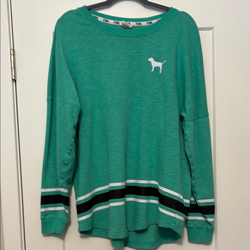 PINK Victoria's Secret Green Sweatshirt with Black and White Stripes